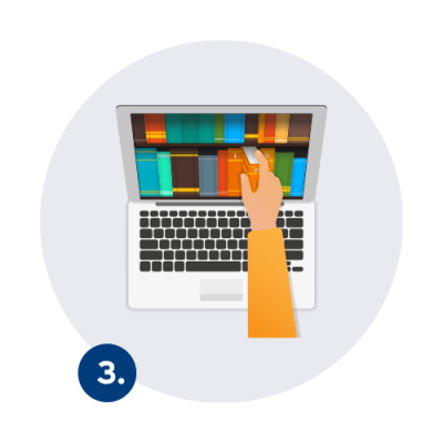 Illustrierte Hand die sich aus einem Buecherregal im Laptop ein Buch holt.